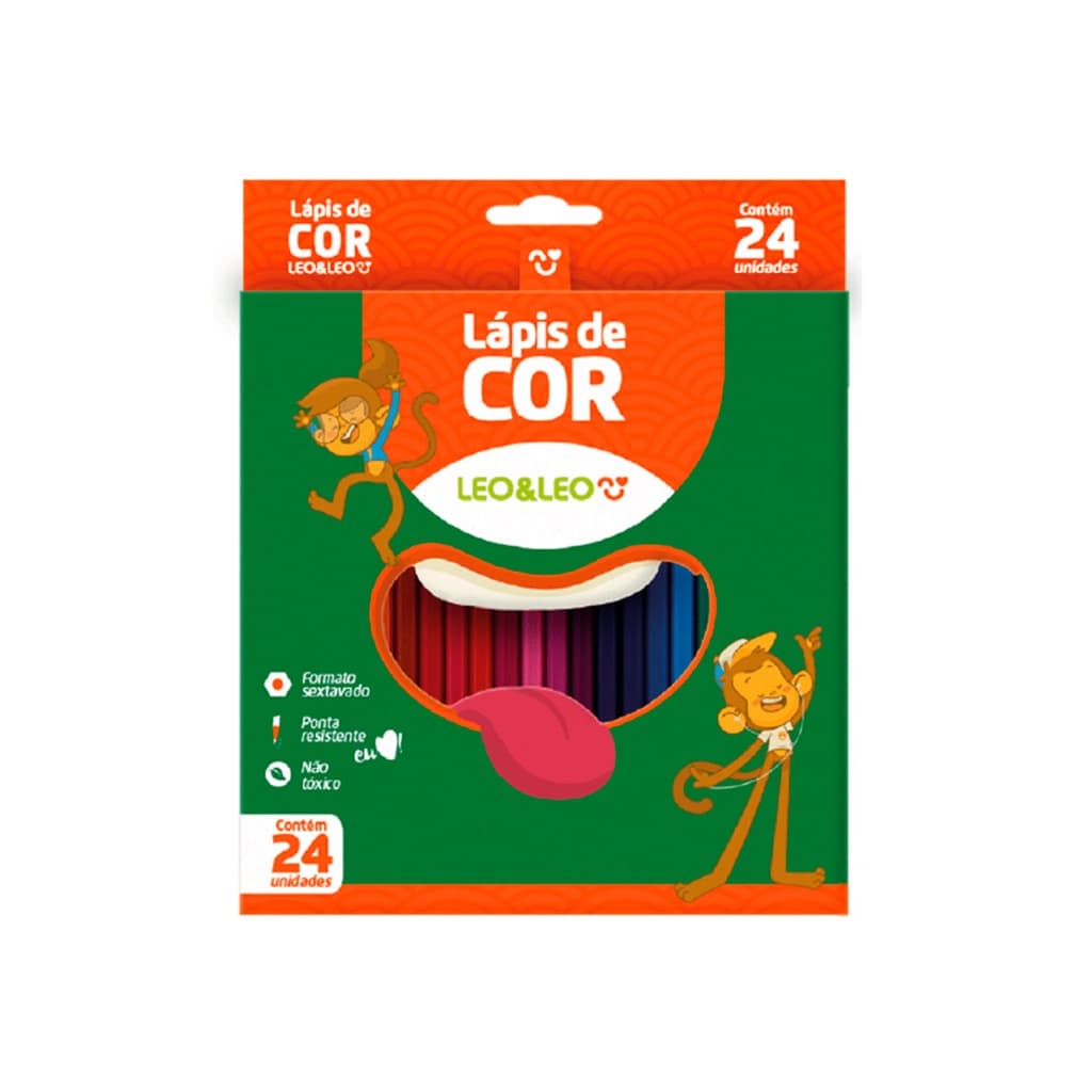 Lápis de cor redondo Leo e Leo 24 cores ponta resistente escolar