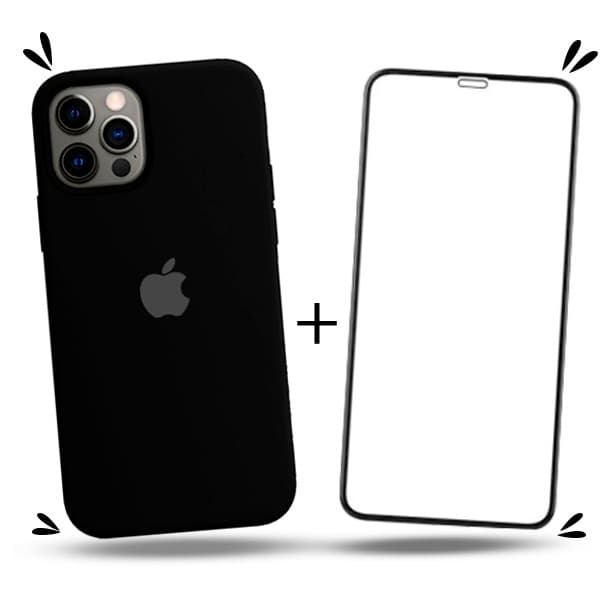 Kit 2em1 Capa + Pelicula Para iPhone 12 / 12 Pro - Case Silicone Aveludada + Pelicula de Vidro 3D Full Cover