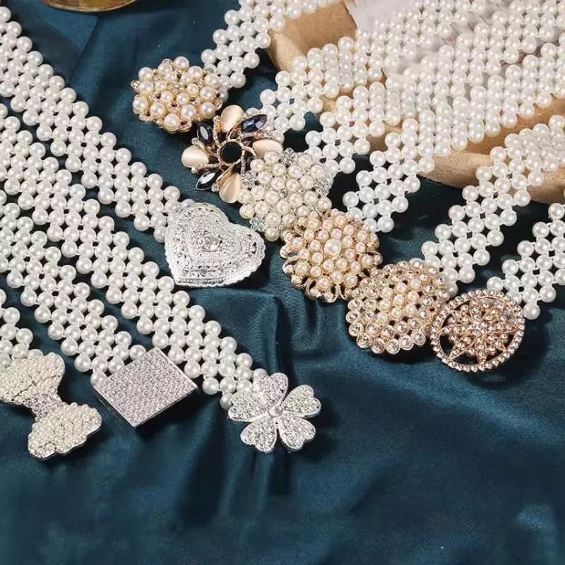 Cinto Elástico Pérolas Fivela Dourada com Strass Feminino Para de festa de casamento