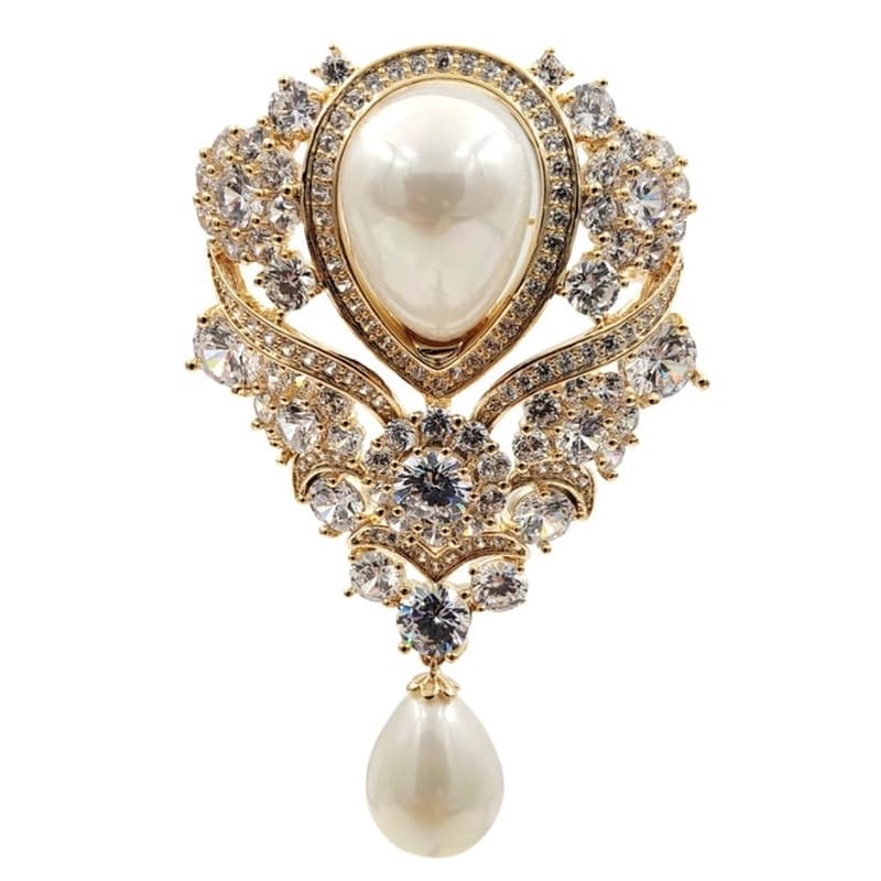 Pergaminho De Fita Vintage Imitado Pérola Gota De Broches De Casamento Gold Tone Pave Floral Teardrop Luxo Jóias De Alfinete Nupcial