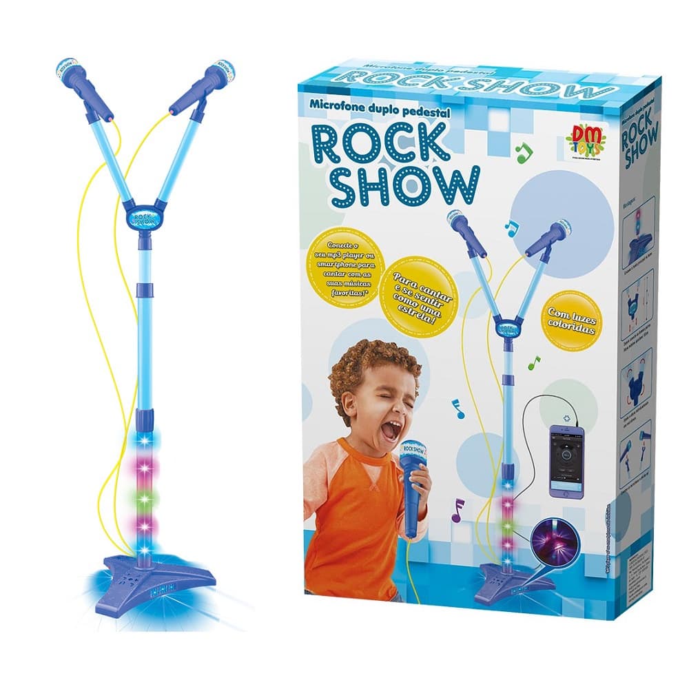 Microfone Duplo Infantil com Pedestal Rock Show Azul - Conecta com Celular