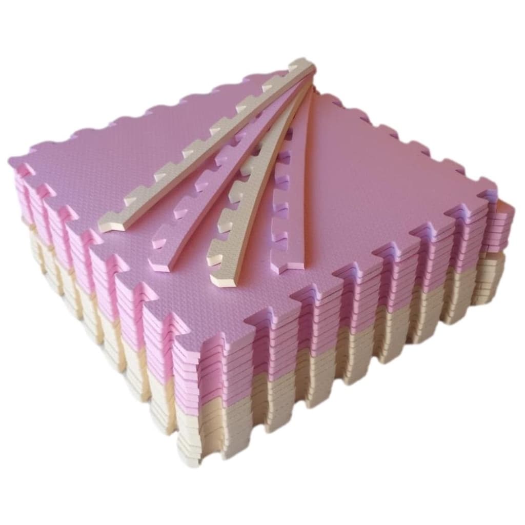 Kit 6 Tatame Tapete EVA Rosa Claro e Creme 50x50x2cm 20mm Bordas Acabamento Infantil Bebê Criança