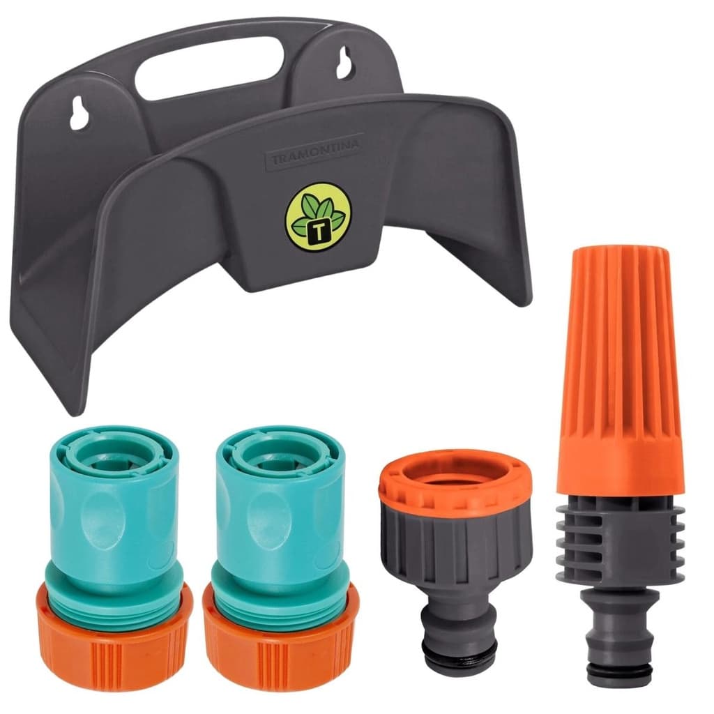 Suporte Plástico Enrolador Mangueira + Engate Rápido 3/4" e 5/8" + Bico Torneira