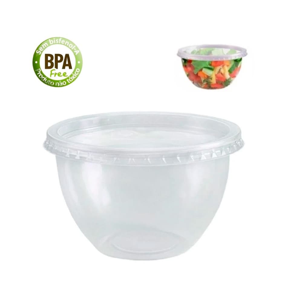 20 Pote Para Salada Descartável Redondo Bowl 500ml Com Tampa