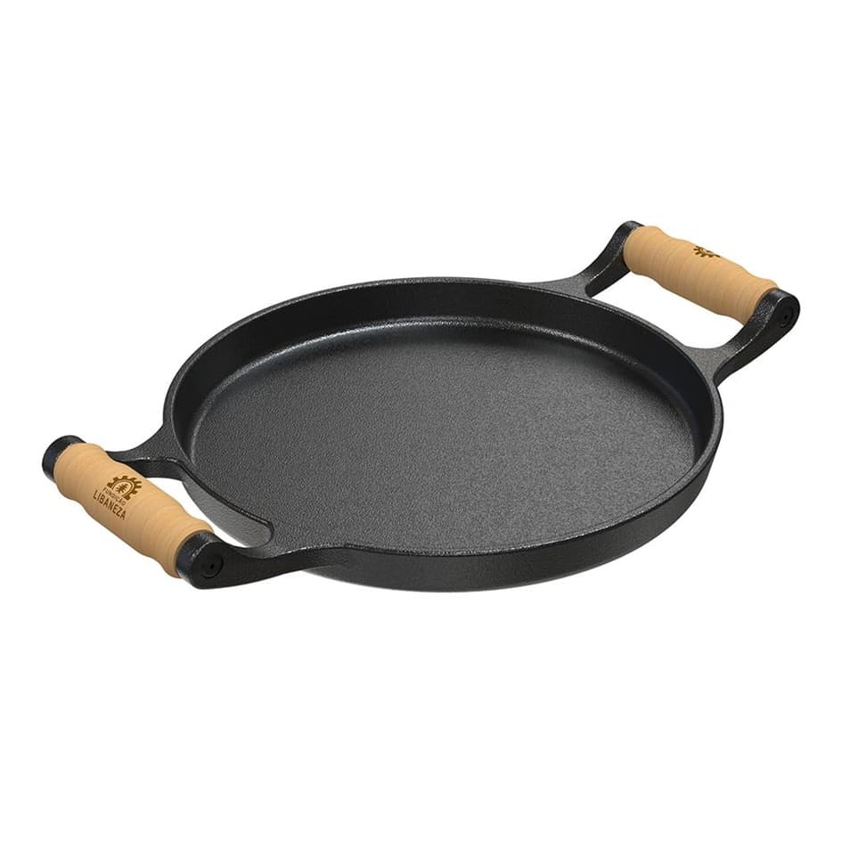Chapa Bifeteira de Ferro Fundido Redonda Lisa 22cm C/ Alca Madeira Petisqueira Servir Porções