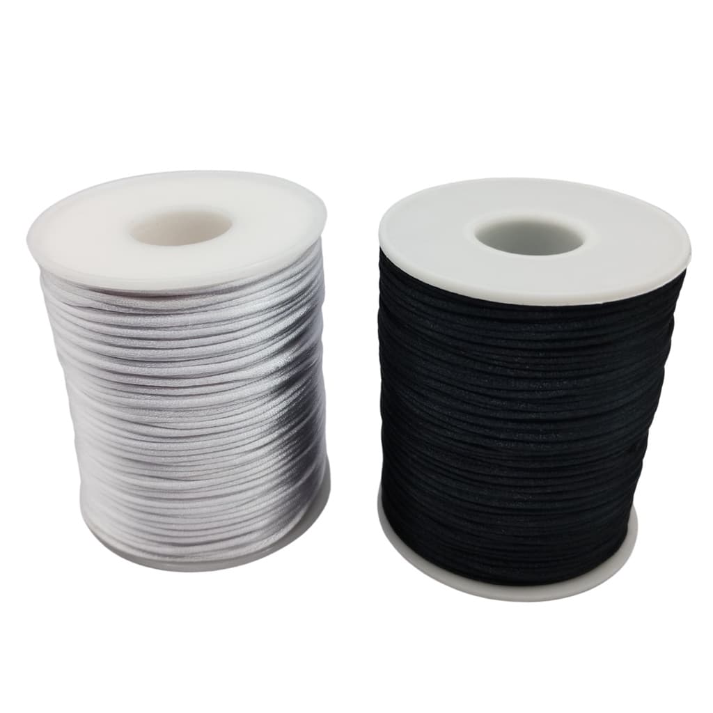 Kit 2 Fio Cordão Cetim Seda Rabo de Rato com 100M de 1MM Cores Preto e Branco