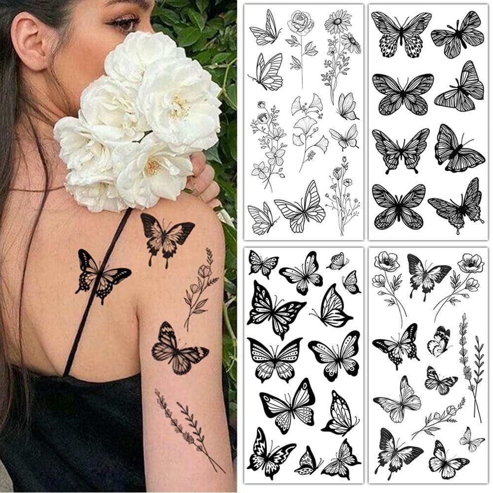 Tatuagem Temporária Autocolante Floral Esboço Arte Corporal Borboleta De Longa Duração À Prova D'água INS DIY