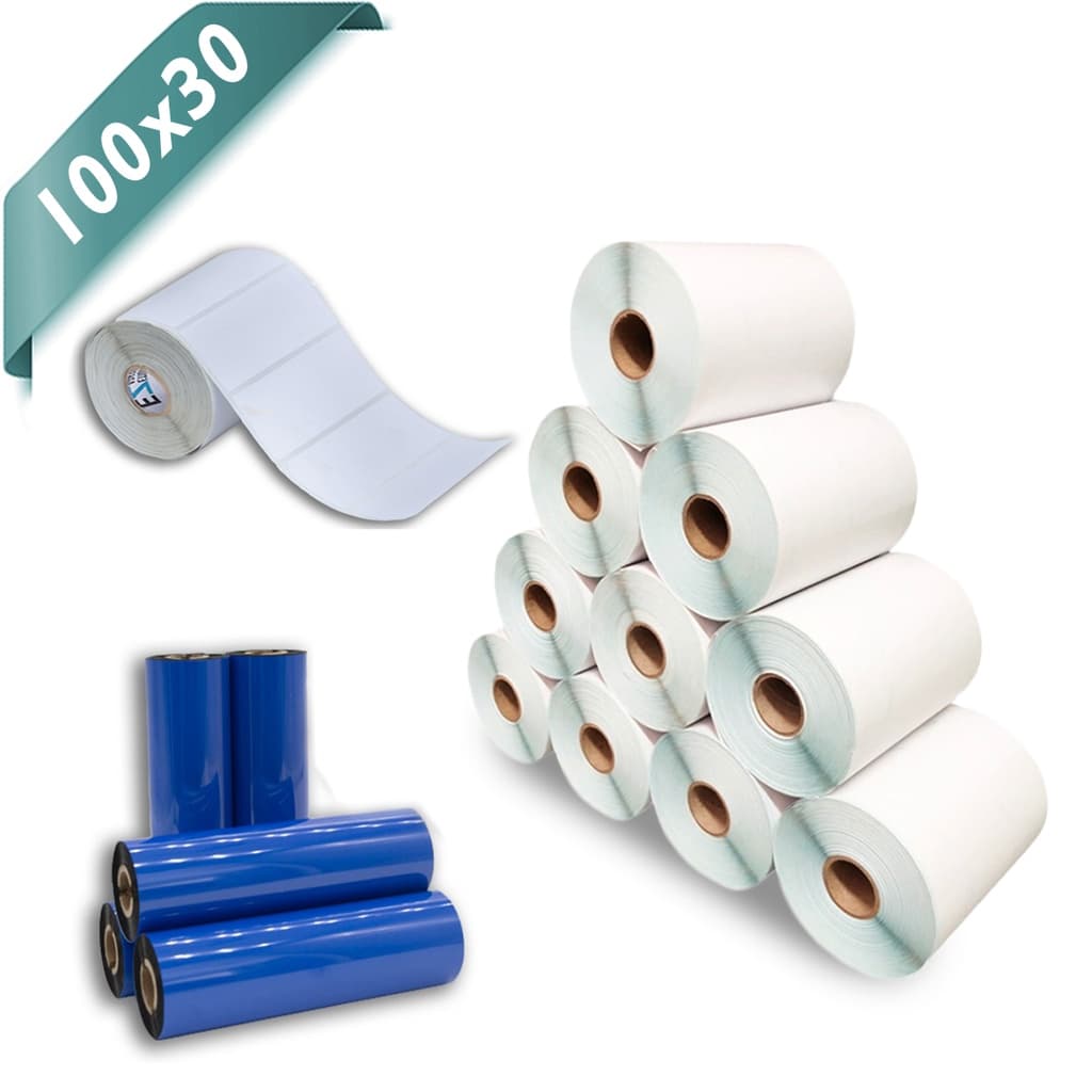 Kit 10 Rolos Etiqueta 10x3 100x30 Couche Adesiva + 5 Ribbons Cera