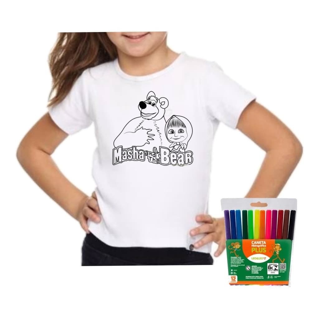 Camiseta Infantil Menina Urso Colorir + Canetinhas Barato