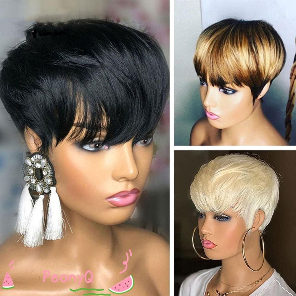 Perucas Curtas PEONYQ Cabelo Humano Curto Naturais Para Festas Femininas