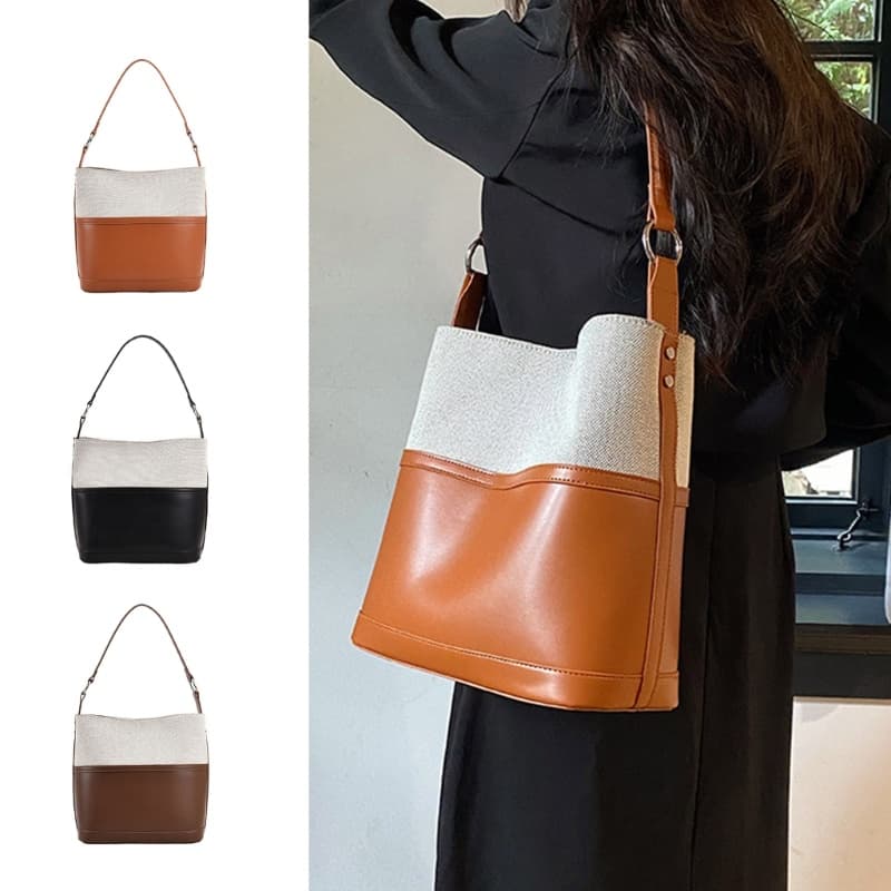 Doublebuy Bolsa De Ombro Em Cor Contrastante Couro PU Para Mulheres E Meninas Bolsas Balde Tote Feminina