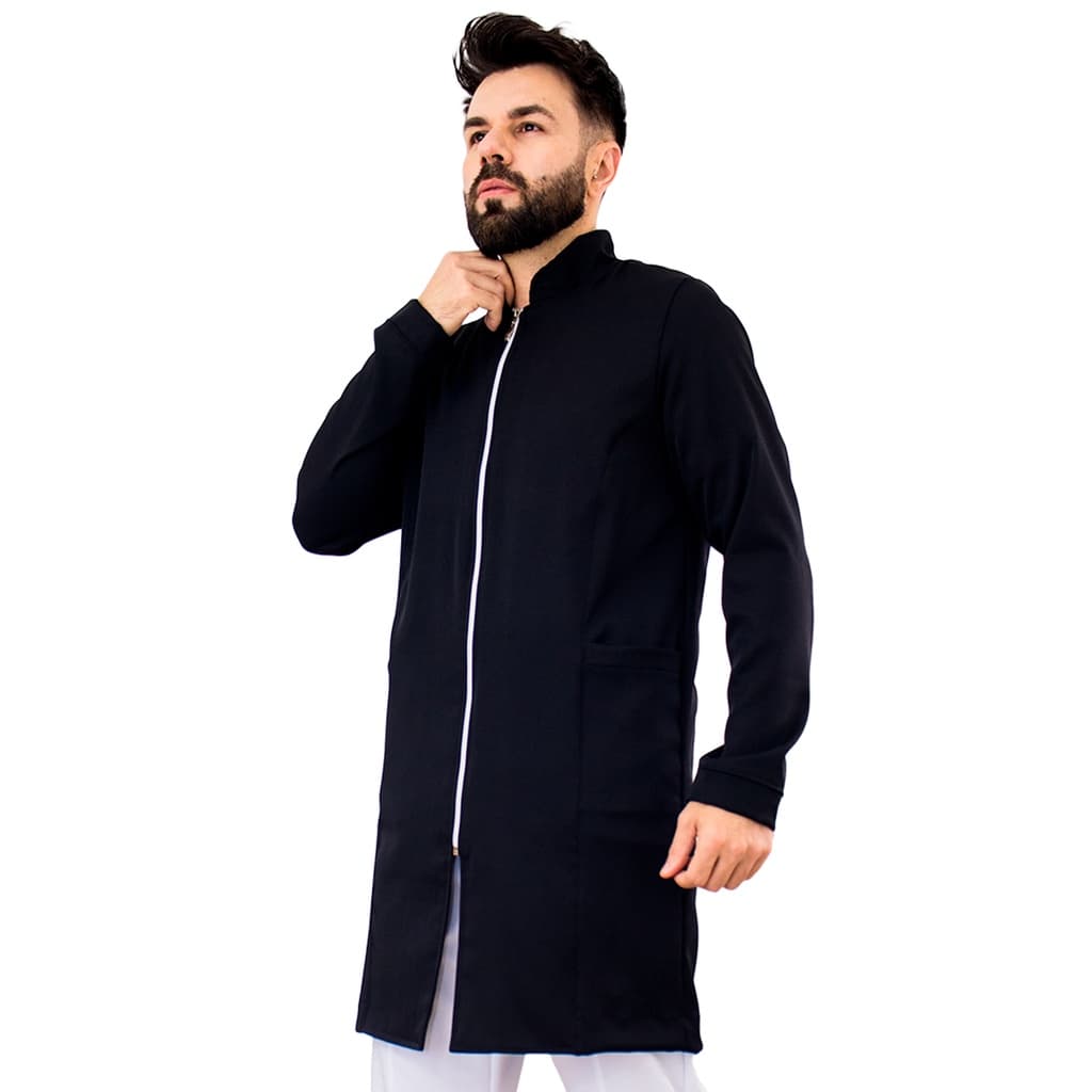 Jaleco Masculino Slim Gola Padre Manga Longa Preto Dentista Veterinário Consultório Profissional Estudante