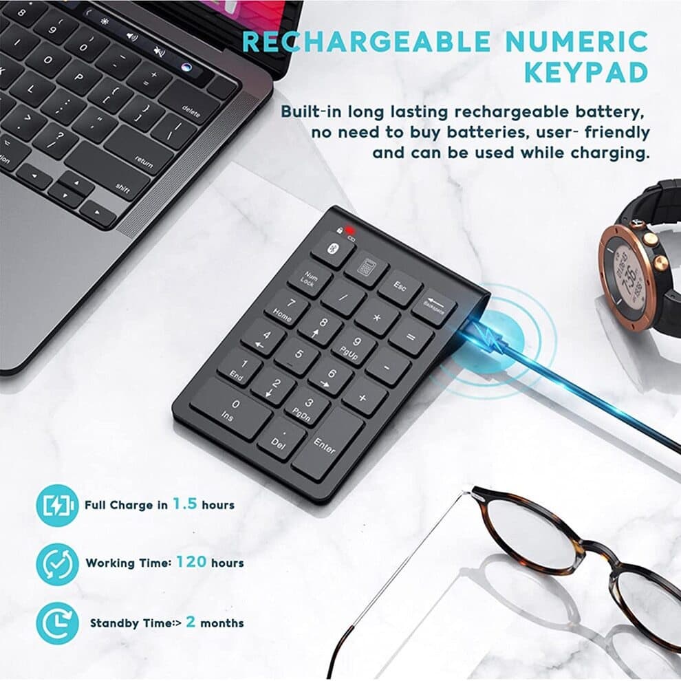 Jomaa Teclado Numérico Bluetooth Sem Fio 22 Teclas Portátil Contabilidade Financeira 10 Teclas Extensão de Teclado com