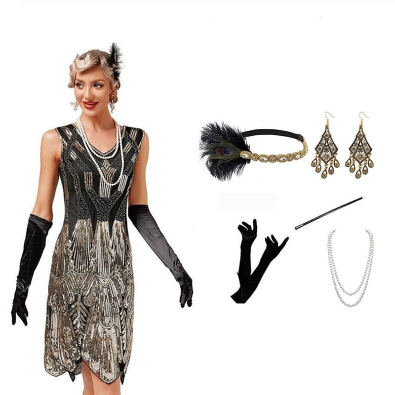 Novo Vestido de Lantejoulas e Contas Estilo Gatsby dos Anos 1920, Vestido Retro para Baile, Banquete e Noite, Conjunto p