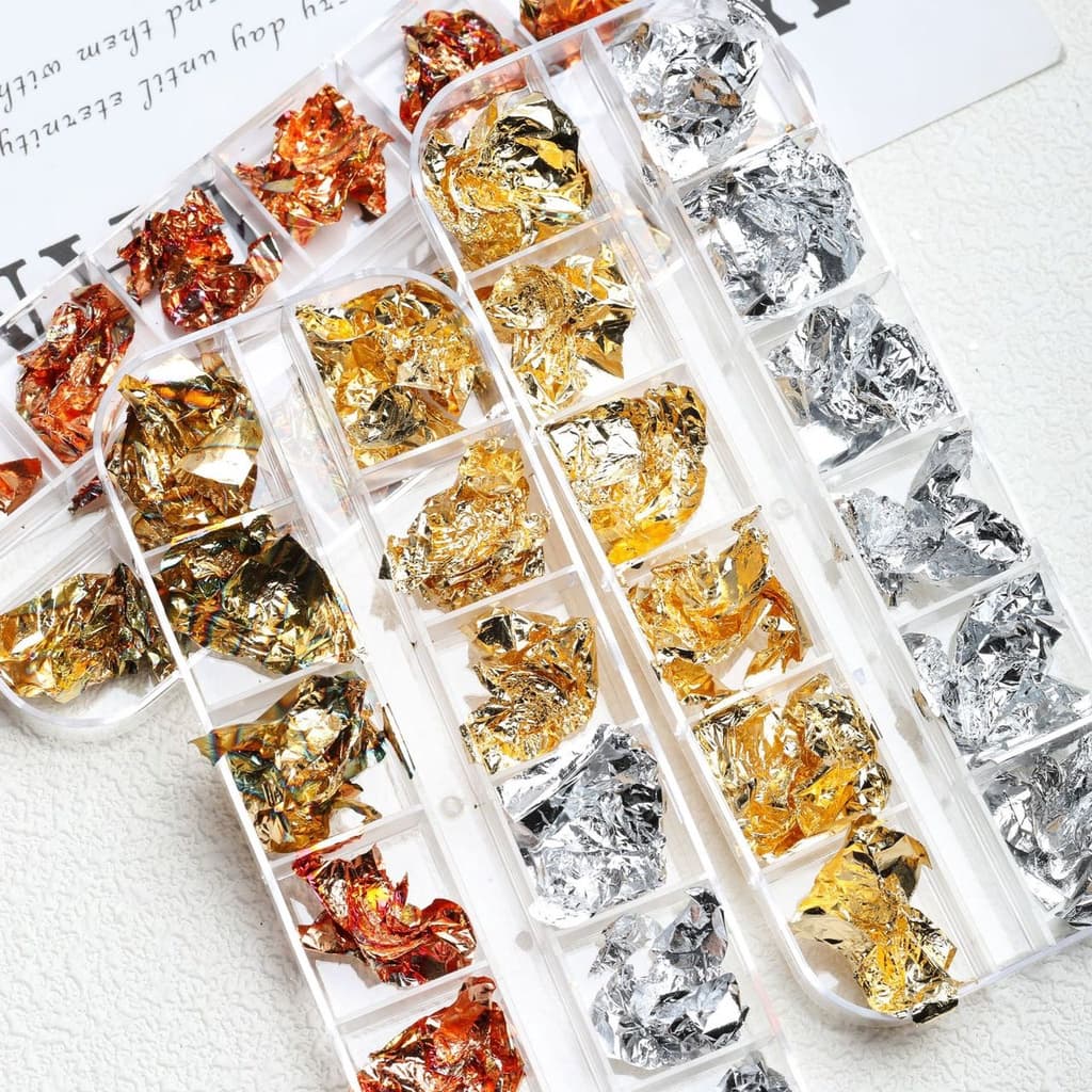 Kit 12 Cores Folha De Ouro Prata Rose Unha Encapsulada Decoração Nail Art Design Luxo Pronto Entrega