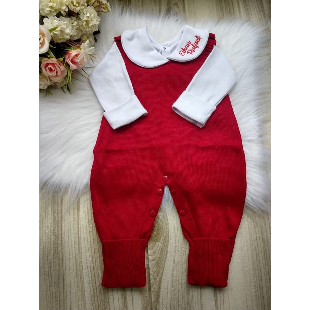 jardineira salopete tricô premium personalizada bebê menino menina