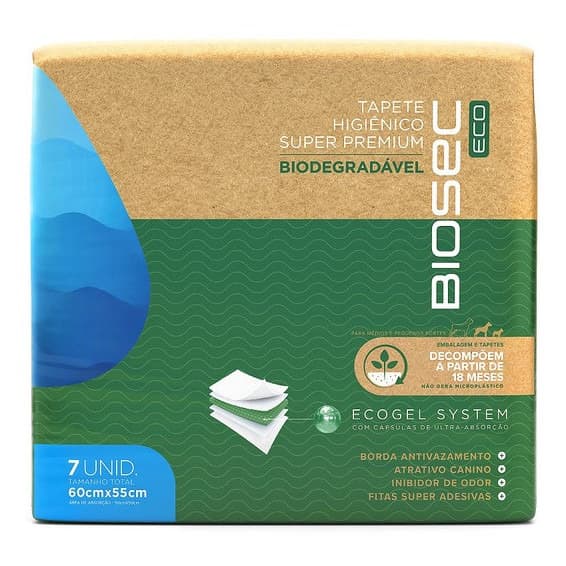 Tapete Higiênico Biodegradável Biosec Eco Cães 60X55cm com 7 unds