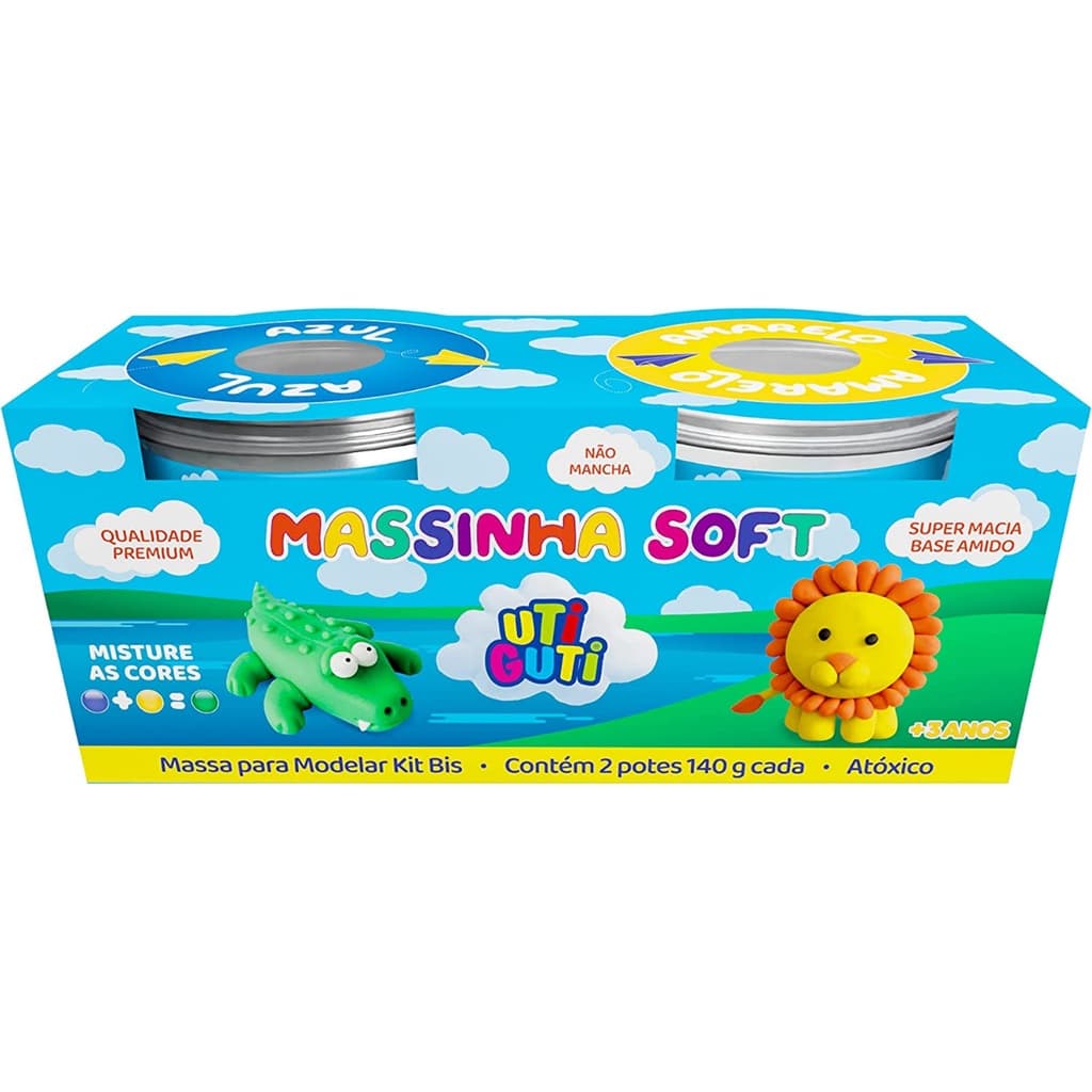 Massa de modelar Soft Uti Guti com 2 potes de 140g cada, azul e amarela