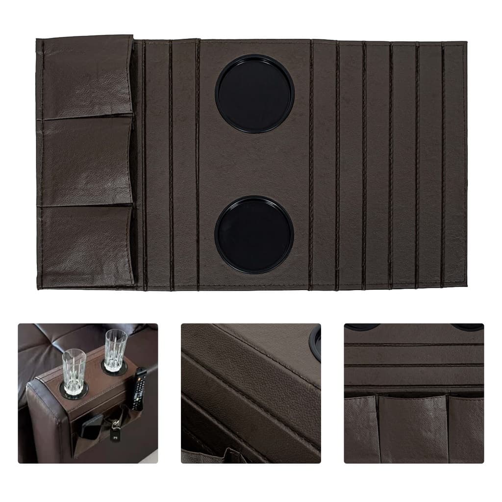 Porta Copos Para Braço De Sofá Madeira Couro Preto Descanso Grande Flexível Bolsos Porta Controle Chaves Objetos 53x30cm