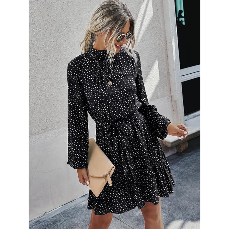 Roupas femininas transfronteiriças Amazon novo outono 2023 gravatas totalmente estampadas vestido simples com babados nas costas feminino