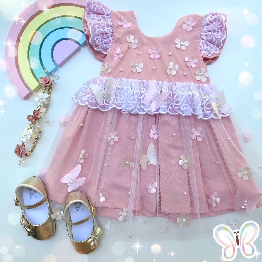 VESTIDO (6 a 12 mess) JARDIM DAS BORBOLETAS ROSÊ INFANTIL MENINA BEBÊ PERSONALIZADO