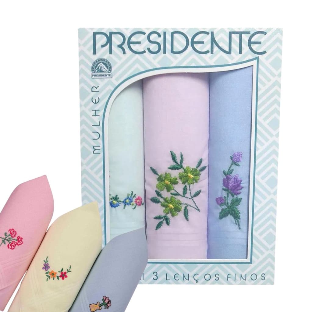 Kit c/ 3 Lenço Feminino Colorido Com Bordado Presidente