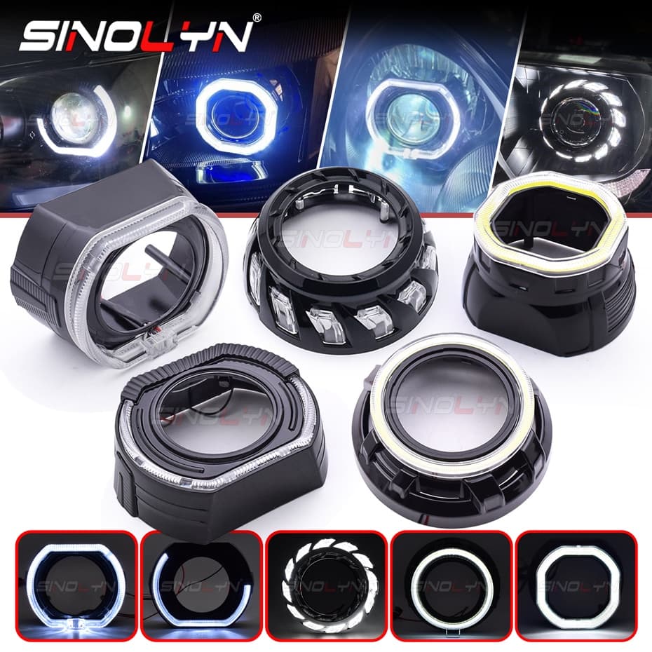 Sinolyn 2.5'/ 3’ Black Shrouds Com Olhos De Anjo LED Para WST/Hella 3R/Koito Q5 De Farol Do Projetor Bezels Carros Retro
