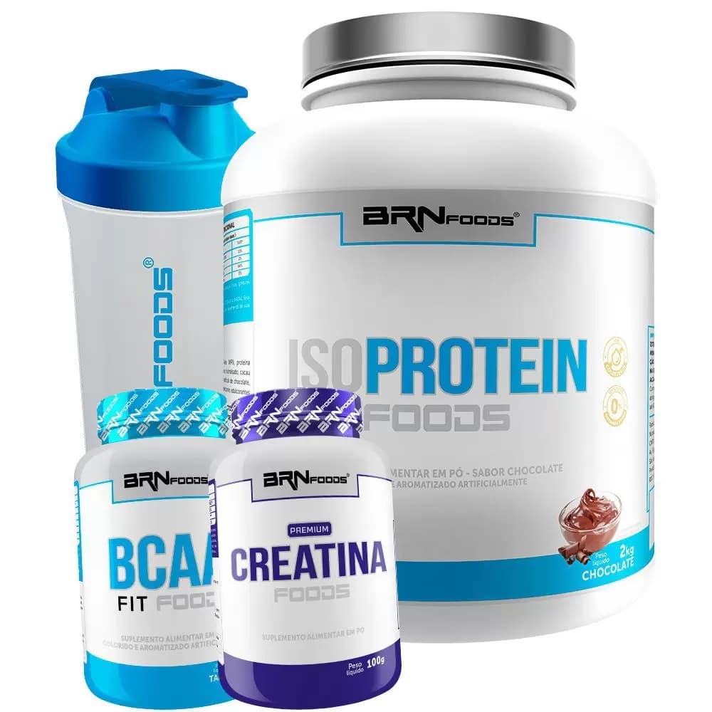 Kit Whey Protein Iso Protein Foods 2kg Baunilha + Creatina + BCAA + Coqueteleira - BRN FOODS