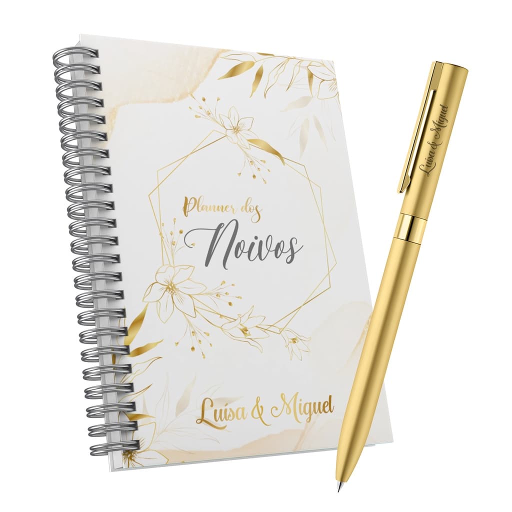 Kit Planner Dos noivos de noiva e Caneta Dourada com nomes