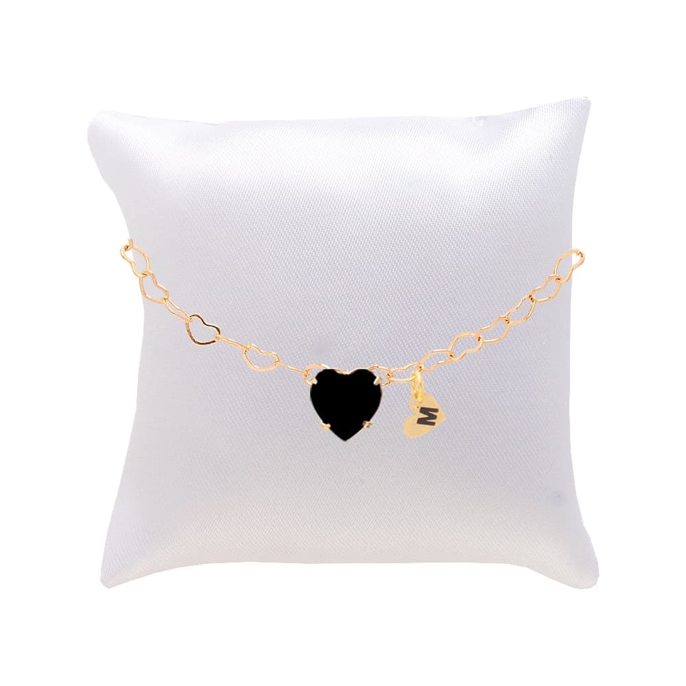 Pulseira Madrinha Preto Folheada Ouro Almofada,Inicial