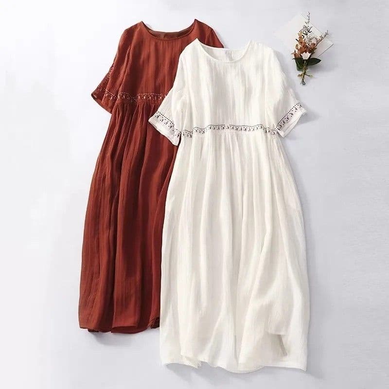 2023 novo verão Plus Size gordura mm High-End vestido literário Retro solto bordado algodão linho grande balanço manga c