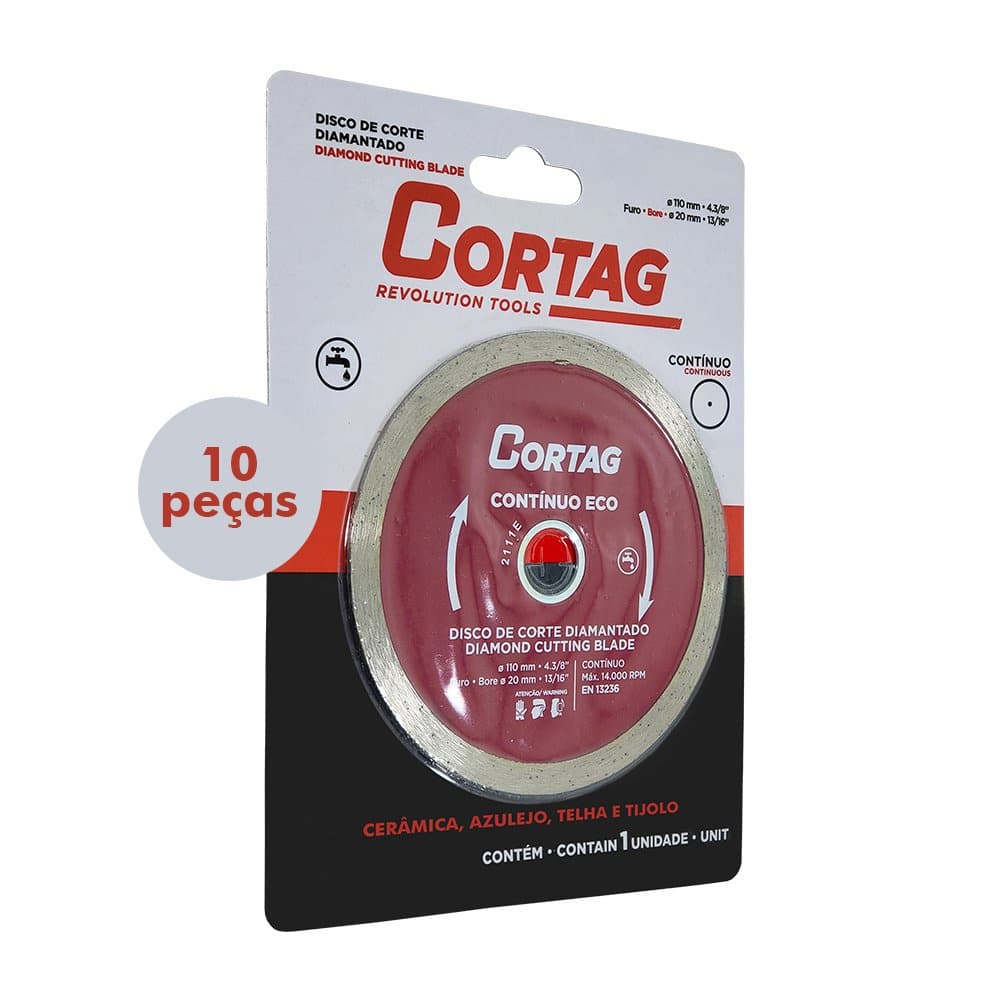 Disco Corte Diamantado 4.3/8'' 110mm Furo 20mm Contínuo Eco Cortag Com 10 Peças