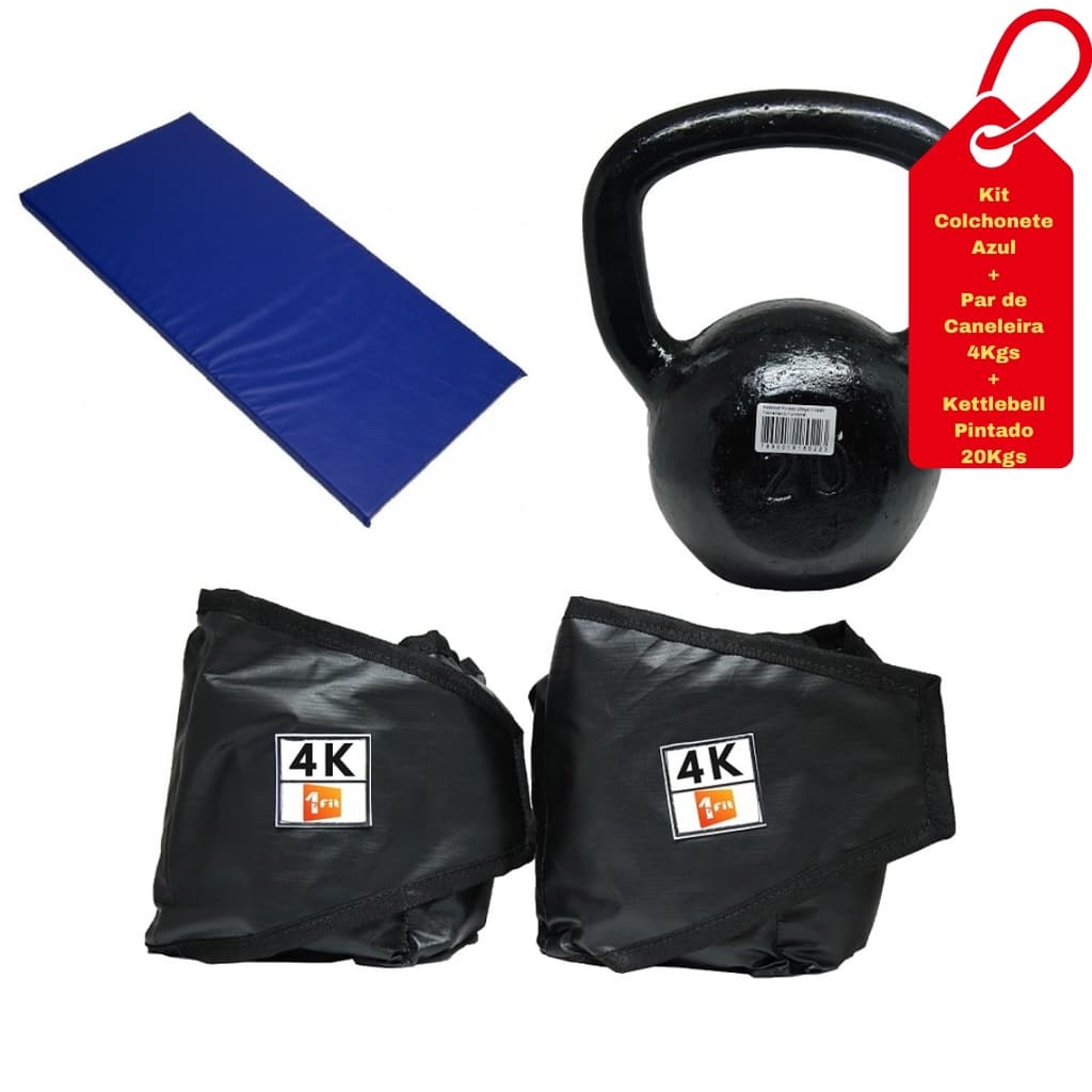Kit Colchonete Azul + Caneleira 4Kg + kettlebell Pintado20kg