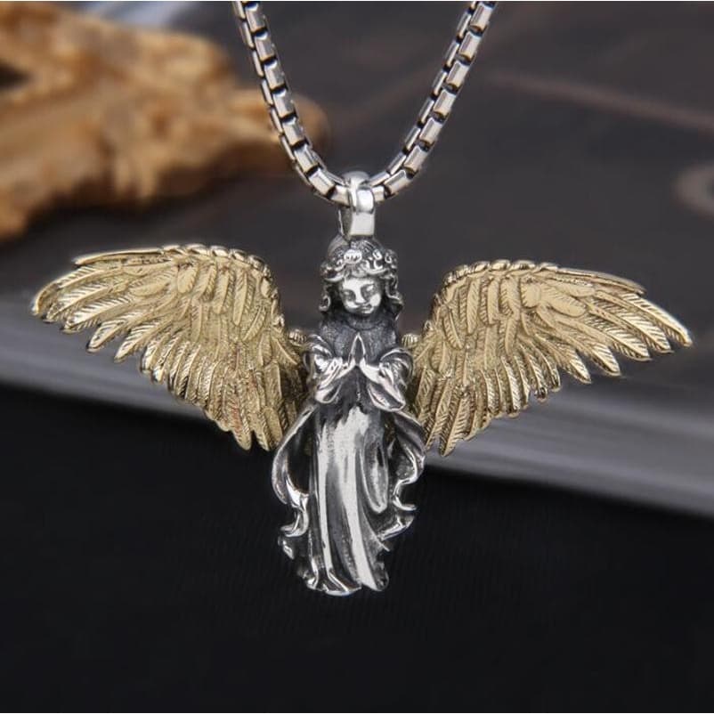 Vintage Ouro Cor Asas Prata De Anjo Menina Pingente Colar De Oração De Encanto Amuleto