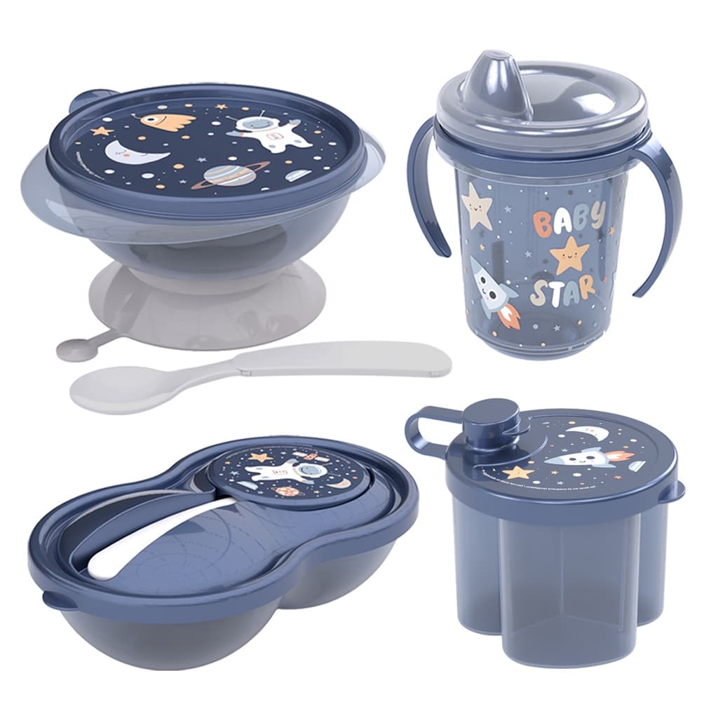 Kit Alimentação Infantil Tigela, Pote Papinha, Copo Trio Dosador de Leite Astronauta