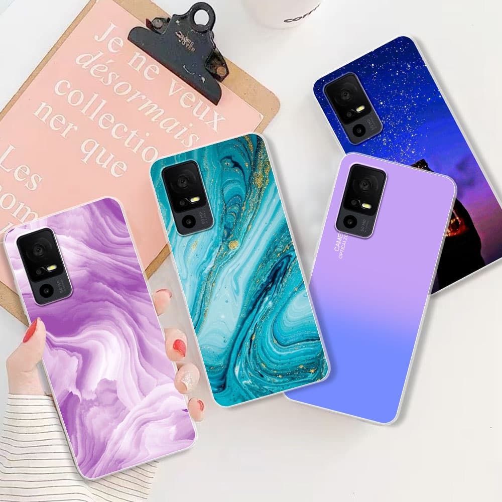 Para A Caixa TCL 40 SE 40SE Tampa Traseira Do Telefone Silicone Soft Transparent TPU Flower Marble Bumper Shell