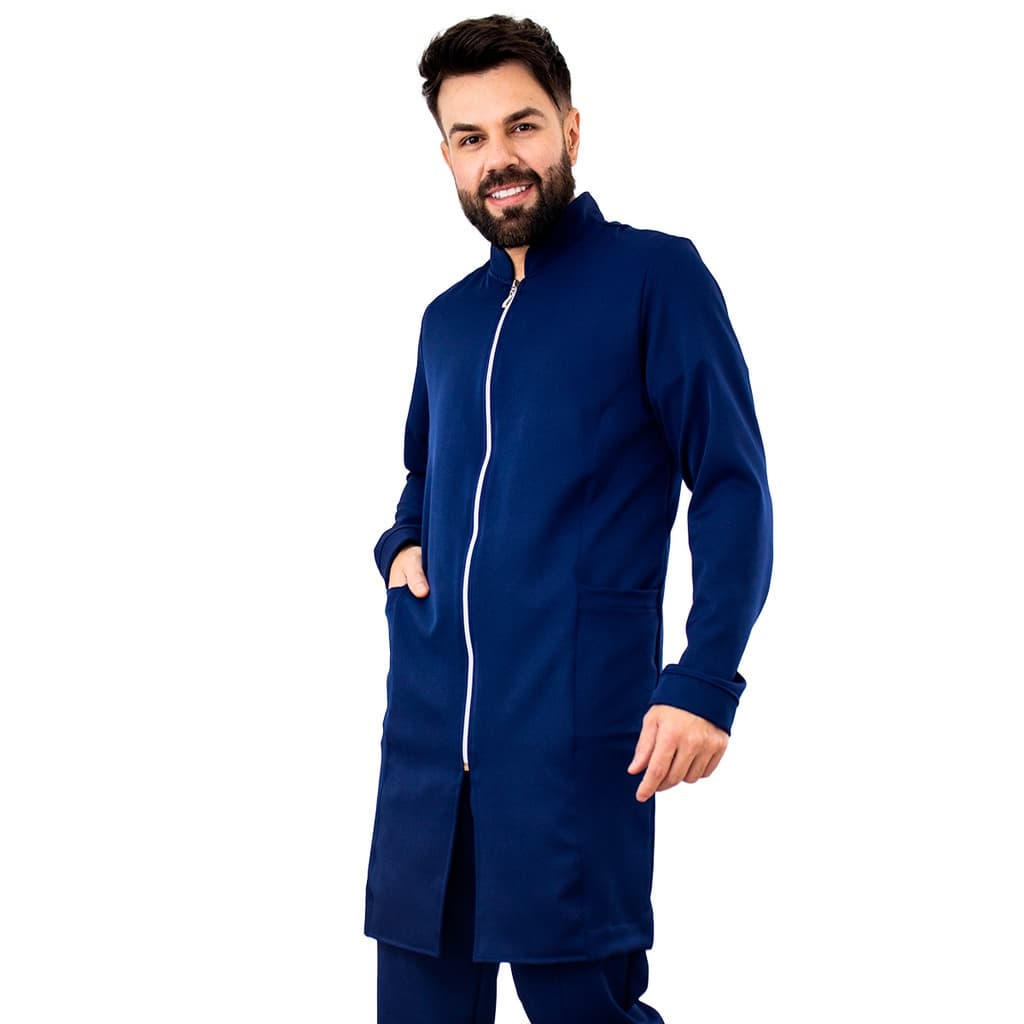 Jaleco Masculino Slim Médico Dentista Veterinário Estudante Gola Padre Manga Longa Azul Marinho