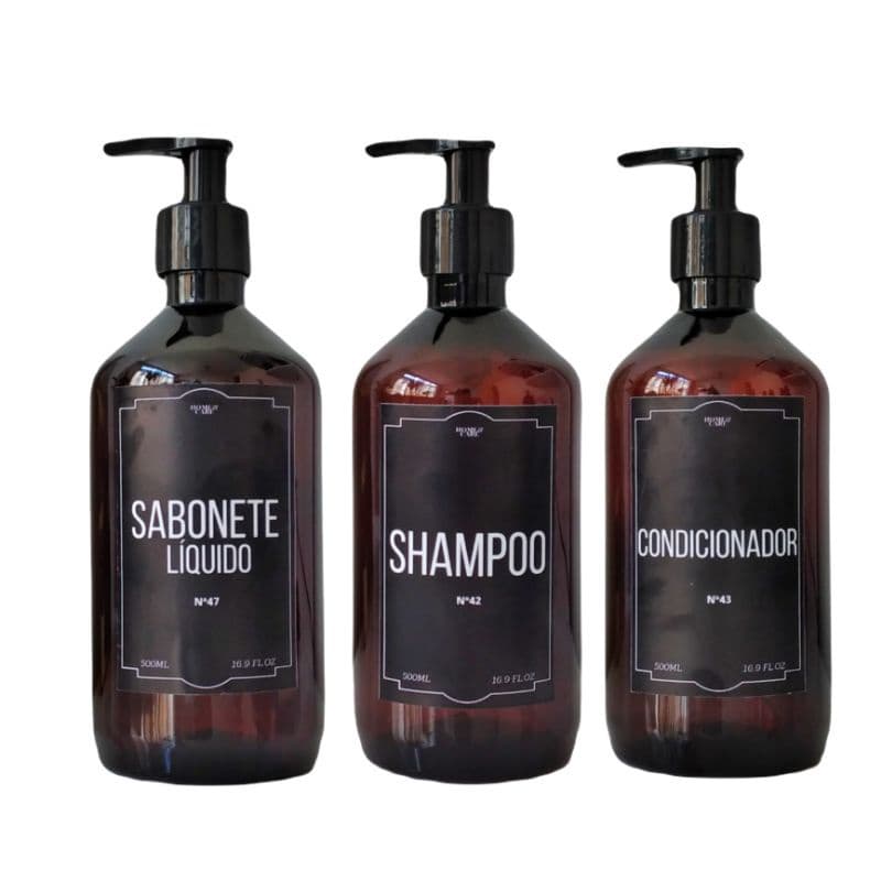 Frasco Âmbar Pet kit 3pçs  Shampoo Condicionador e Sabonete líquido Dispenser Detergente 500ml
