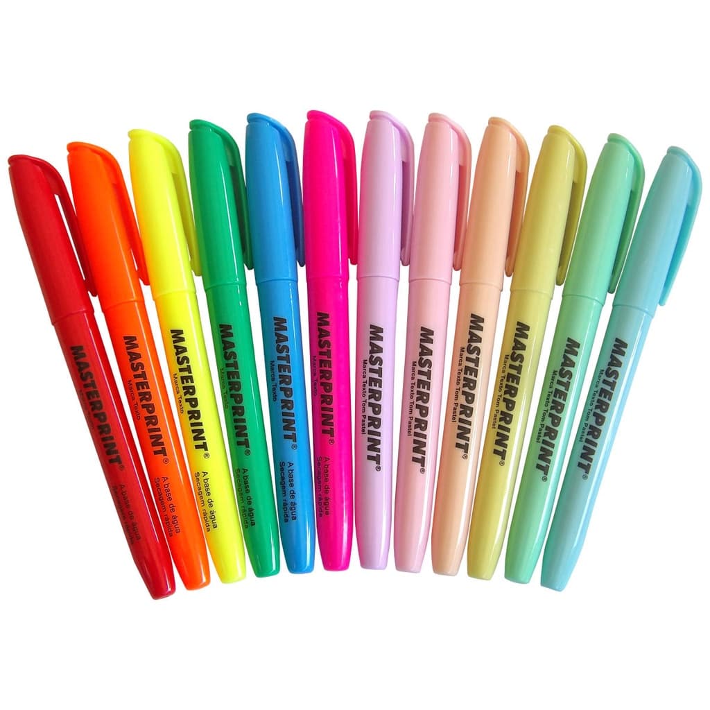 Kit 12 Cores Caneta Marca Texto c/ Ponta Chanfrada Masterprint MP612 6 Cores Neon+6 Cores Tom Pastel