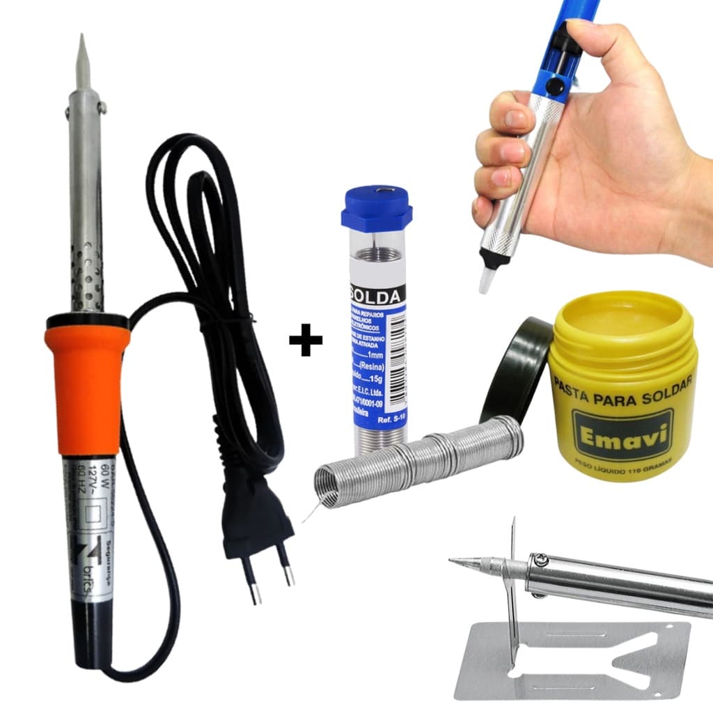Kit Ferro de Solda Soldador 110v ou 220v+ Estanho + Sugador Solda + Pasta Solda 60w