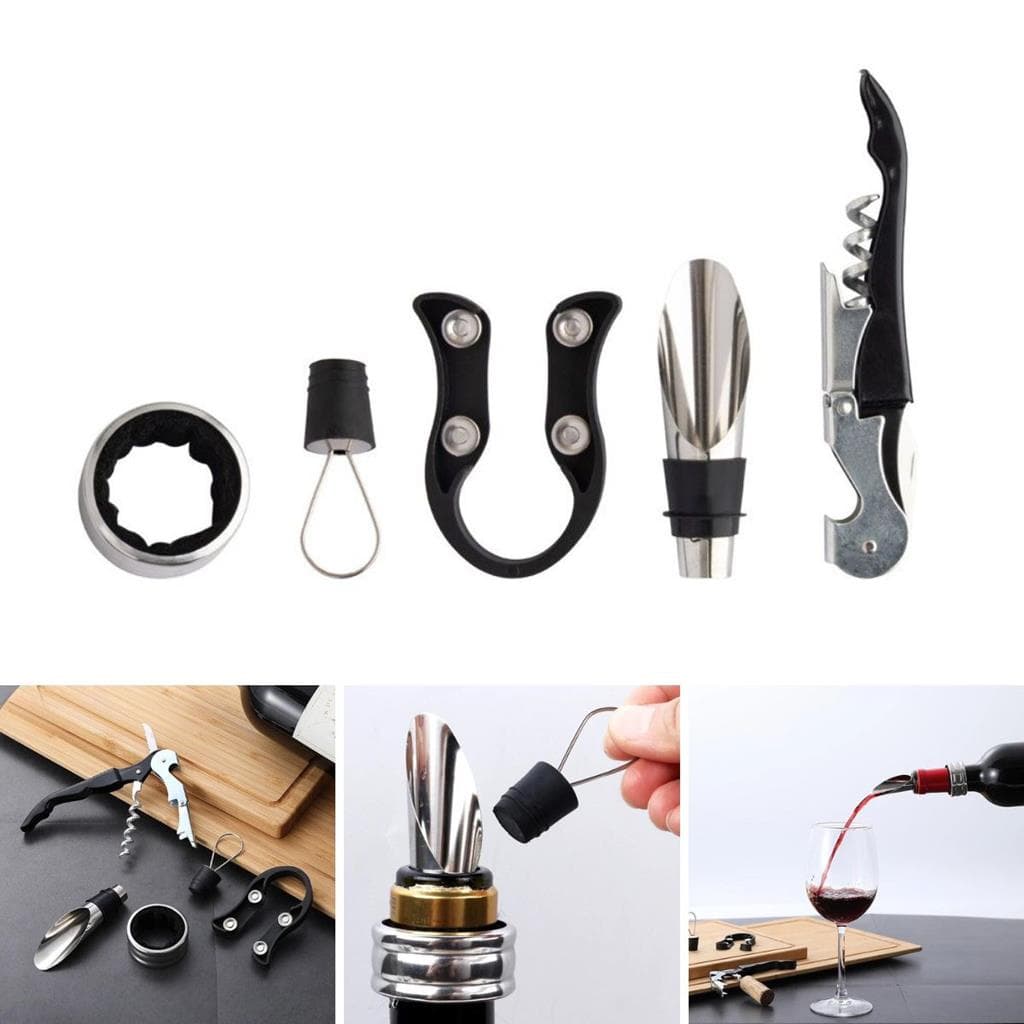 Kit C/5 Pecas Abridor De Vinho Inox Saca Rolhas Acessorios