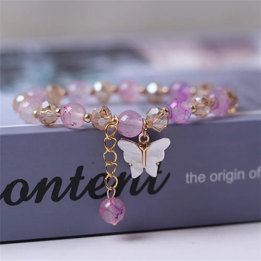 Pulseira Elástica De Corda Fashion Butterfly Beaded Pulseiras Para Meninas Imitação Jade Bohemian Crystal Charme Elástico Jóias De Mão