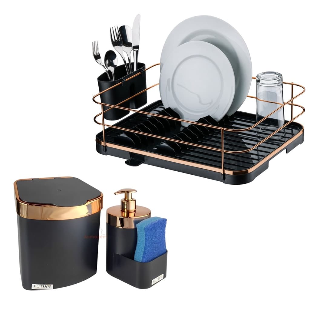 Kit Escorredor De Louça Talheres Lixeira 2,5L Dispenser Porta Detergente Cozinha Preto Rose Gold - Future