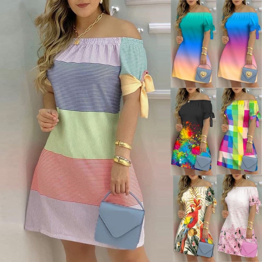 Vestido de verão feminino/manga curta/midi/estampa floral/ombro vazio/justo/boêmio para venda quente novo