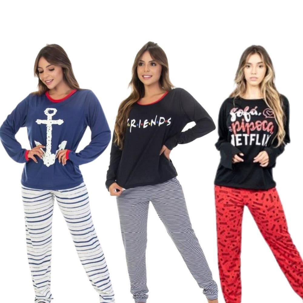 Kit 2 Pijamas De Frio Feminino Longo Estampado Personagens Desenhos P ao 54