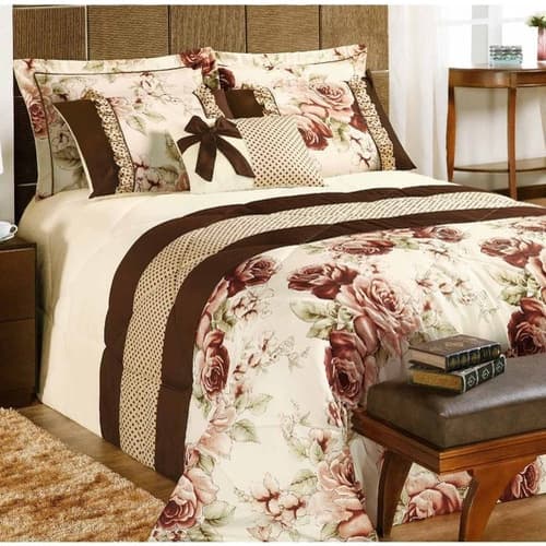 Kit Cobre Leito Vitoria Casal Queen Colcha Floral 7 Peças Promoção ! ( TABACO )
