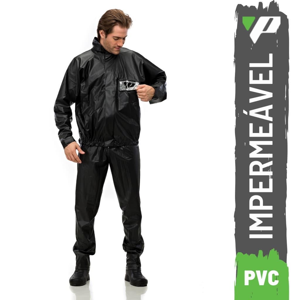 Capa De Chuva Motoqueiro Pvc Luxo Com Gola e Bolso Kit Traje de Chuva Impermeável Pantaneiro