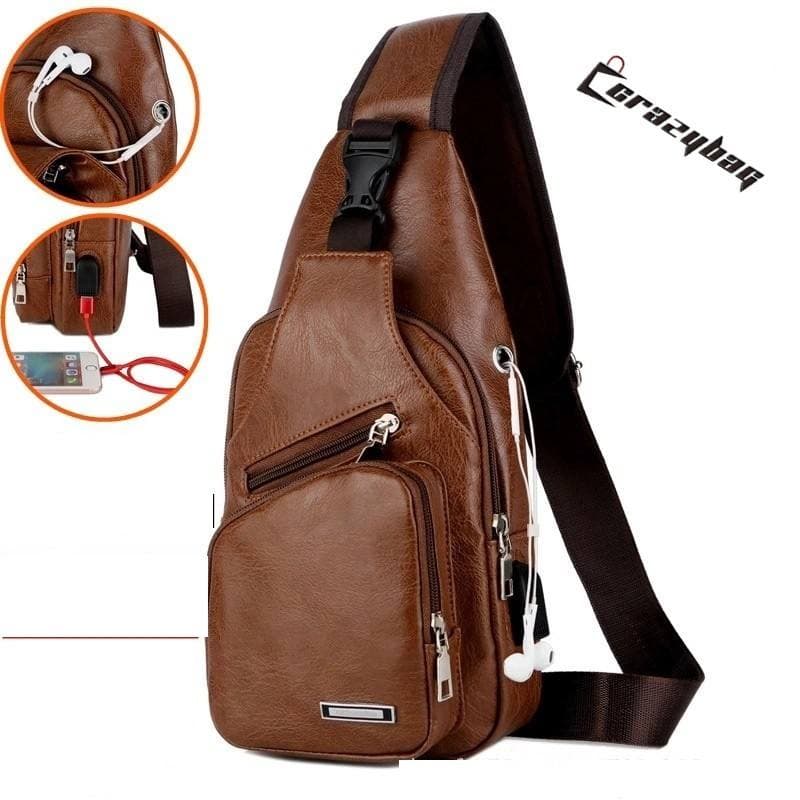 Crazy Bag Bolsa Casual De Couro Para Homens Com Porta Fone De Ouvido USB