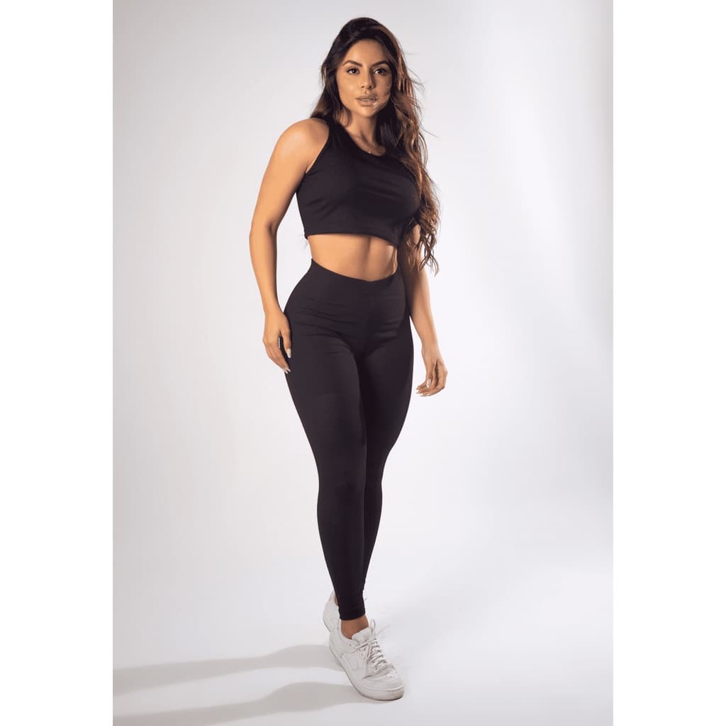 Conjunto Feminino Canelado Cropped Nadador e Calça Cintura Alta Moda Feminina