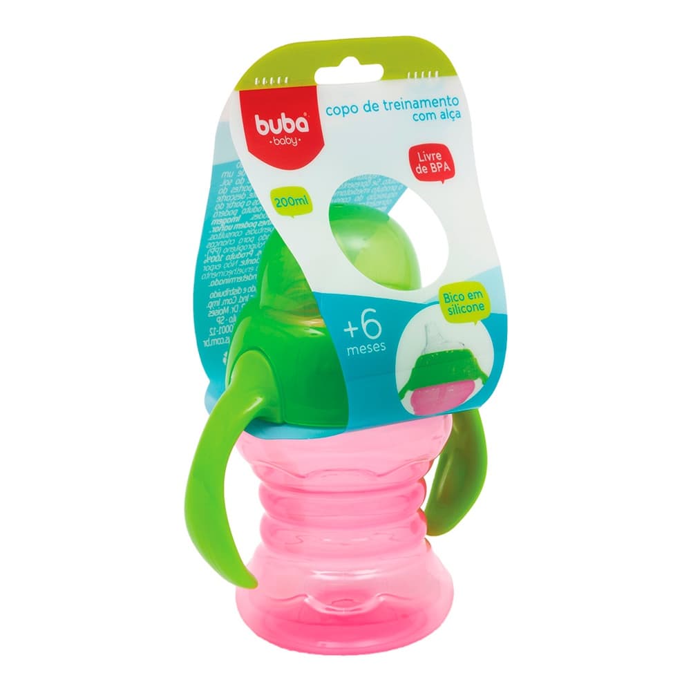 COPO TREINAMENTO C/ ALCA BUBA BICO EM SILICONE ROSA 200ML ERGONOMICO COM TAMPA ANTIVAZAMENTO